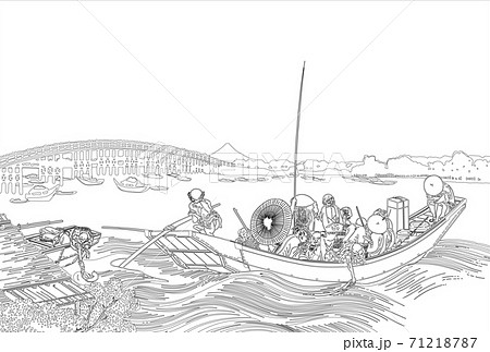葛飾北斎イメージ御厩川岸より両国橋夕陽見線のイラスト素材
