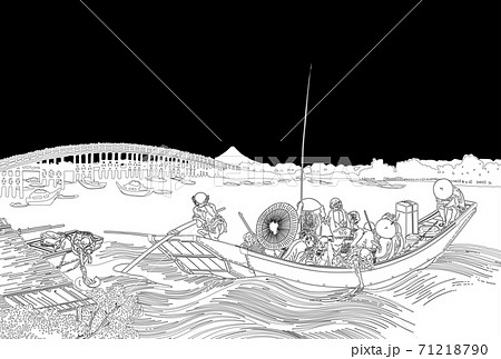 葛飾北斎イメージ御厩川岸より両国橋夕陽見線黒バックのイラスト素材