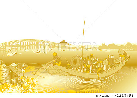 葛飾北斎イメージ御厩川岸より両国橋夕陽見金白バックのイラスト素材