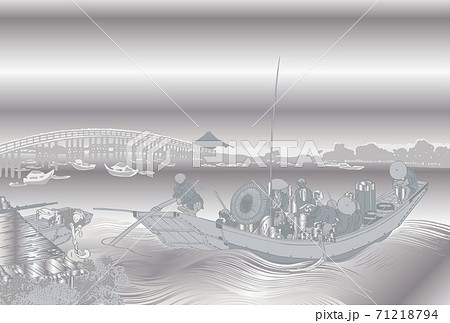 葛飾北斎イメージ御厩川岸より両国橋夕陽見銀のイラスト素材