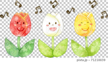 赤白黄色と並んだチューリップの水彩イラスト(音符、顔付き) 71218839