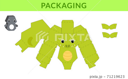Party favor die cut crocodile box for birthdays, baby showers for sweets, candies, small presents, bakery. Retail box blueprint template design. Print, cutout, fold, glue. Vector stock illustration. 71219623