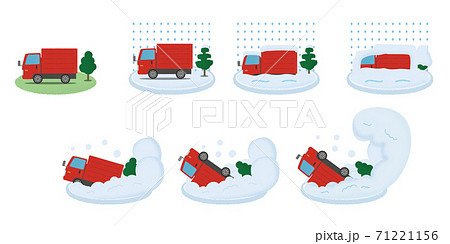 大雪 雪崩の被害に遭う赤いトラックのベクターイラストセットのイラスト素材