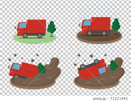 土砂災害に遭う赤いトラックのベクターイラストセット 土砂災害に遭う赤いトラックのベクターイラストセット 71221442