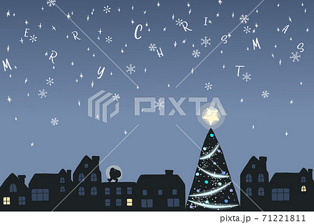 雪の降る街並みとクリスマスツリーとサンタクロース 文字のイラスト素材