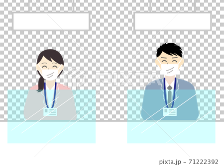 受付窓口の男女フラットイラストセット（マスク、アクリル板） 71222392