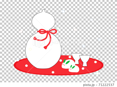 漆塗りのお盆に乗せたひょうたん型の酒器と御猪口　冬の雪うさぎ 71222537