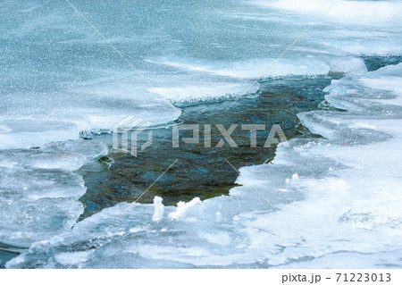 ice texture on the river. close up background. blue color in day light. water flow among cracks ice texture on the river. close up background. blue color in day light. water flow among cracks 71223013