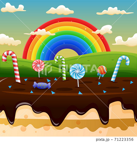 Scene with candy land and rainbow on a background of meadows 71223356
