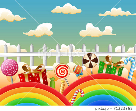 Illustration of candies and gifts on a rainbow 71223365