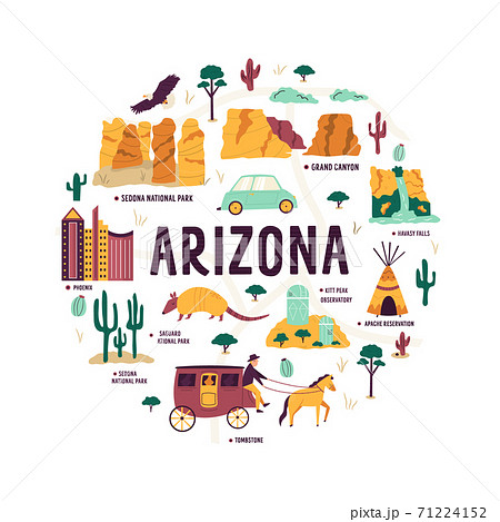 Abstract circle design with landmarks and symbols of Arizona state, USA 71224152