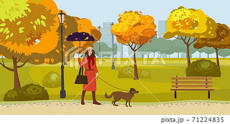 Autumn Park Young woman walks with dog, yellow orange red foliage trees, walkway bench. Fall mood outdoor cityscape. Vector isolated illustration isolated 71224835