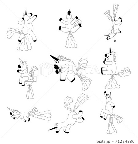 Set Unicorns smiling pooping a rainbow, fantasy cute character beast multicolored shit turd, lineart. Vector illustration isolated doodle style 71224836