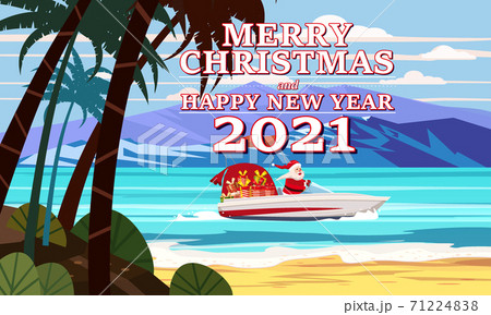 Merry Christmas Santa Claus on speed boat on ocean sea tropical island palms mountains seaside delivering shipping gifts 71224838