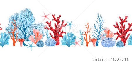 Beautiful horizontal seamless underwater pattern with watercolor starfish and corals. Stock illustration. 71225211
