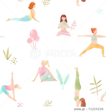 Beautiful seamless pattern with watercolor cute yoga girls. Stock illustration. 71225220