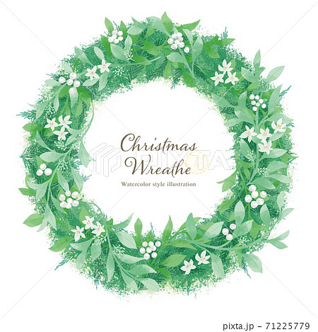 白い花と木の実のクリスマスリース 手描きイラスト のイラスト素材