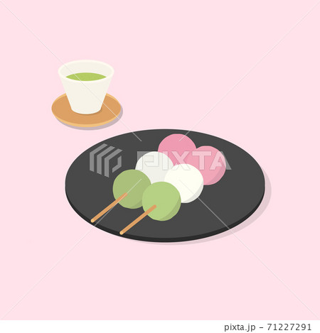 お皿の上に乗った三色団子と抹茶のイラストのイラスト素材
