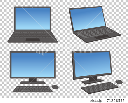 正面と斜めから見たデスクトップパソコンとノートパソコンのイラストセット 白背景のイラスト素材