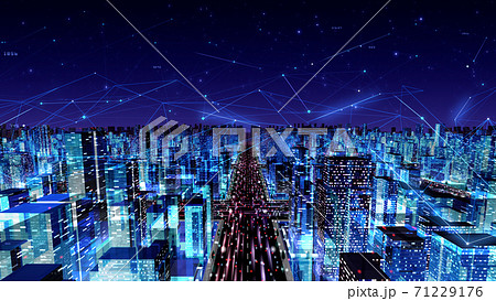 デジタル 都市 街 ネットワーク ビッグデータ テクノロジー 通信 ビル 建物 3D イラスト 71229176