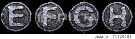 Set of capital letters E, F, G, H made of forged metal in the center of coin isolated on black background. 3d Set of capital letters E, F, G, H made of forged metal in the center of coin isolated on black background. 3d 71229508