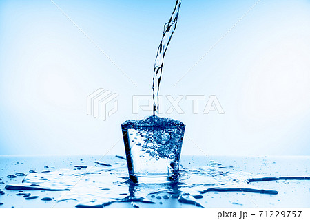 Pouring water into glass on blue background 71229757