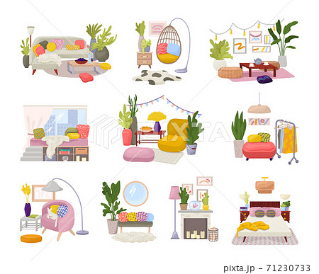 Hygge interiors collection with stylish comfy furniture and scandinavian home decorations vector illustration set. Cozy living room. 71230733
