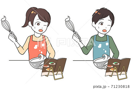 レシピ本を見ながら泡立てに失敗する ホイップのイラスト素材