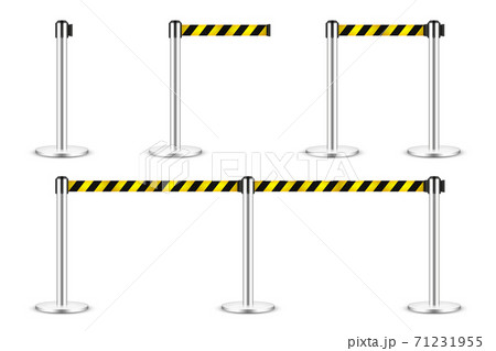Realistic vector retractable belt stanchion. Crowd control barrier posts with caution strap. Queue Realistic vector retractable belt stanchion. Crowd control barrier posts with caution strap. Queue 71231955