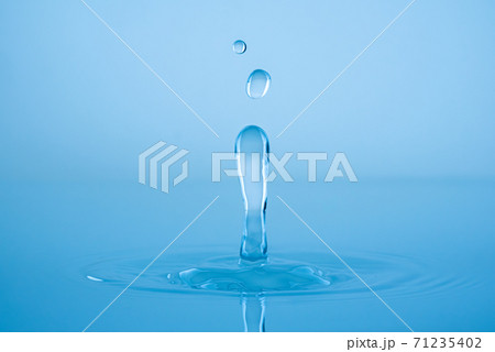 Water drop splashing into blue water surface 71235402