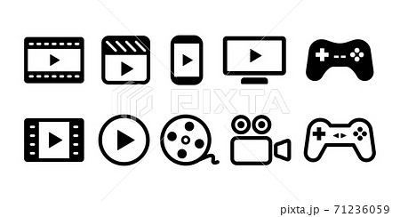 動画再生ボタンテレビビデオのアイコン複数セットイラスト白黒のイラスト素材