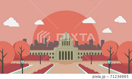 日本の国会議事堂 正面イラスト 日の出 朝焼け 夕方 夕焼けのイラスト素材