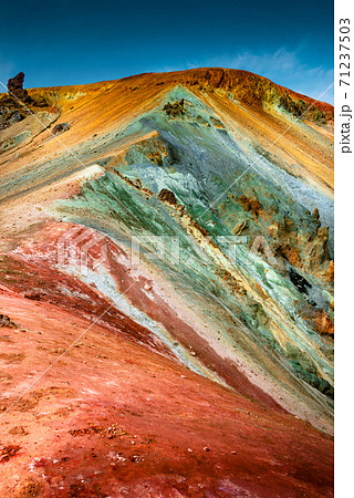 Iconic colorful rainbow volcanic mount Brennisteinsalda (Sulphur Wave) in Landmannalaugar mountain region in Iceland, summer 71237503