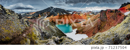 Panoramic view of colorful rhyolite volcanic mountains Landmannalaugar as pure wilderness in Iceland and a hidden highland lake, Iceland 71237504