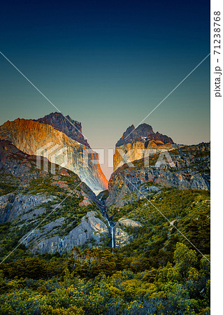 Magical colorful sunrise at major peaks, standing high towers te 71238768