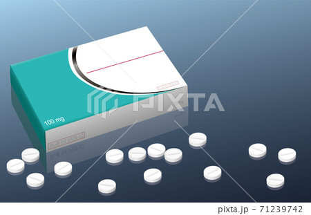 Medicine package, pill box with blank label, unlabeled packet, scattered pills. Vector illustration. Medicine package, pill box with blank label, unlabeled packet, scattered pills. Vector illustration. 71239742