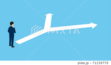 二つに分かれる白い矢印、悩むビジネスマン、3Dイラスト、ベクターイラストレーション 71239779
