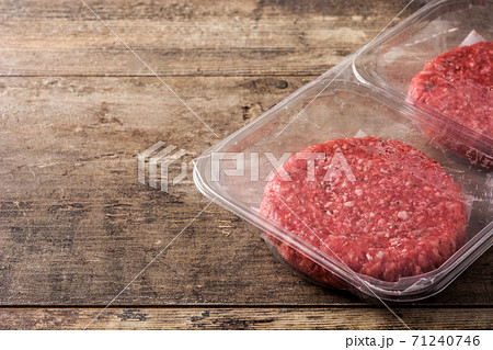 burger meat packaged in plastic on wooden table. Copy space burger meat packaged in plastic on wooden table. Copy space 71240746