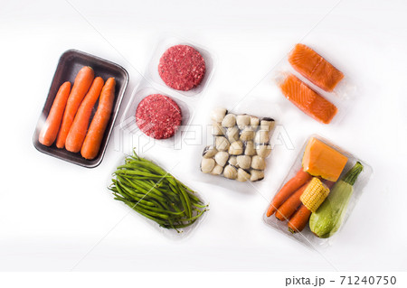 Different types of meat, green beans, carrots and salmon isolated on white background 71240750