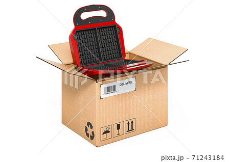 Waffle iron inside cardboard box, delivery concept. 3D rendering Waffle iron inside cardboard box, delivery concept. 3D rendering 71243184
