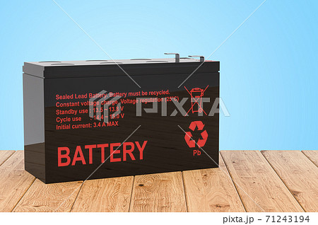Sealed UPS batteries on the wooden planks, 3D rendering Sealed UPS batteries on the wooden planks, 3D rendering 71243194