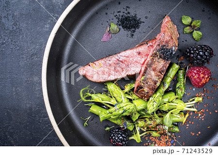 Modern design barbecue dry aged wagyu flank steak sliced with green asparagus Modern design barbecue dry aged wagyu flank steak sliced with green asparagus 71243529