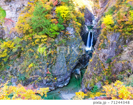 紅葉の岩壁と夫婦滝 紅葉の岩壁と夫婦滝 71244348