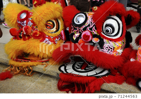 SEREMBAN, MALAYSIA -FEBRUARY 2, 2017: Chinese lion mask or lion head used to performed lion dance during Chinese New Year Festival at Seremban, Malaysia. Beautiful & colourful.  71244563