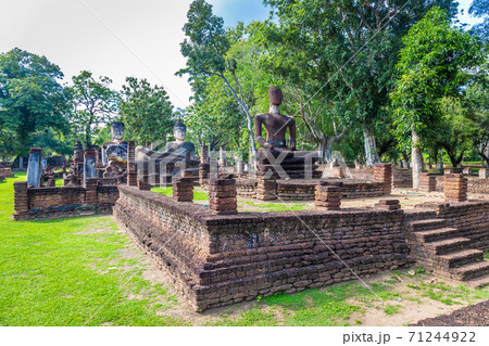 Landmark of Buddha image made of ancient bricks in the Kamphaeng Phet Historical Park, Thailand. 71244922