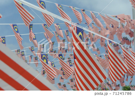 SELANGOR, MALAYSIA -AUGUST 31, 2017: Selective focused small size Malaysia flag tie in large quantities in windy air.  71245786