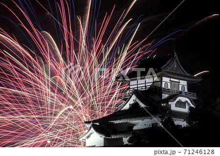 【愛知県犬山市】日本ライン夏まつり納涼花火大会。花火と犬山城。 【愛知県犬山市】日本ライン夏まつり納涼花火大会。花火と犬山城。 71246128