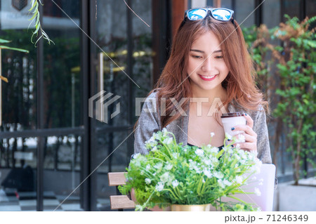 Successful business working goal concept. Cheerful smile business woman working with laptop 71246349