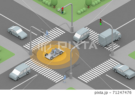 自動走行で走る 交差点を自動運転で走る 走行中にゆっくりする 運転しない人物 のイラスト素材