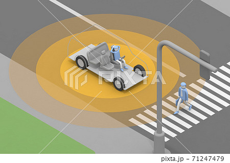 自動運転モードで走行する 歩行者を認識する 車が止まる 信号が赤なので止まる のイラスト素材